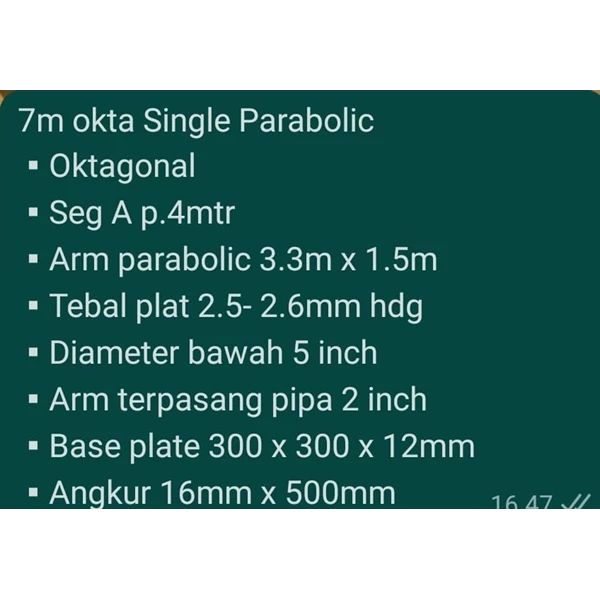 Tiang PJU Oktagonal 7 meter Parabolic Singel Ornamen Hot Deep Galvanize HDG Surabaya